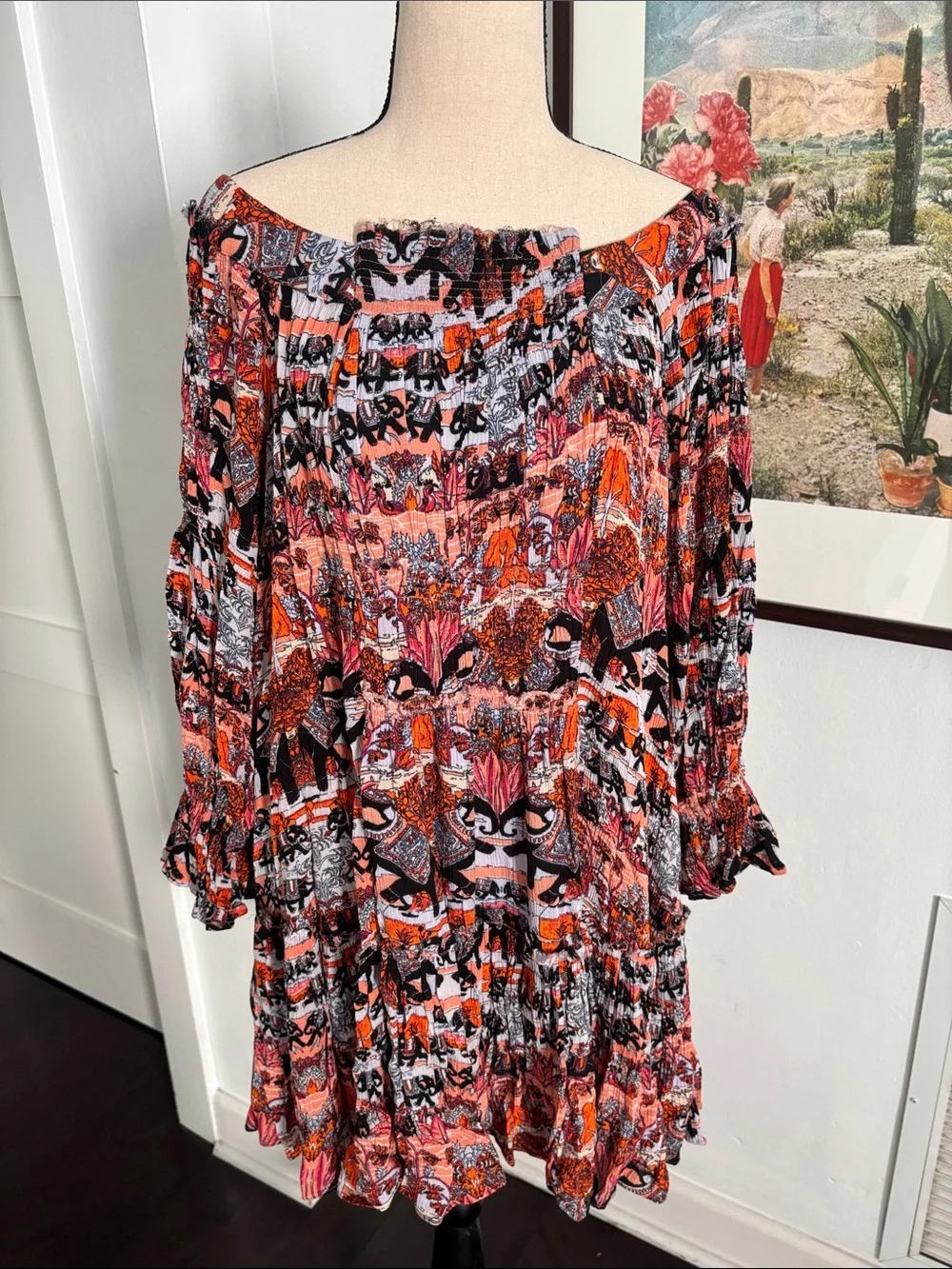 Free People Off-Shoulder Floral & Geometric Mini Dress in Coral, Black & Pink